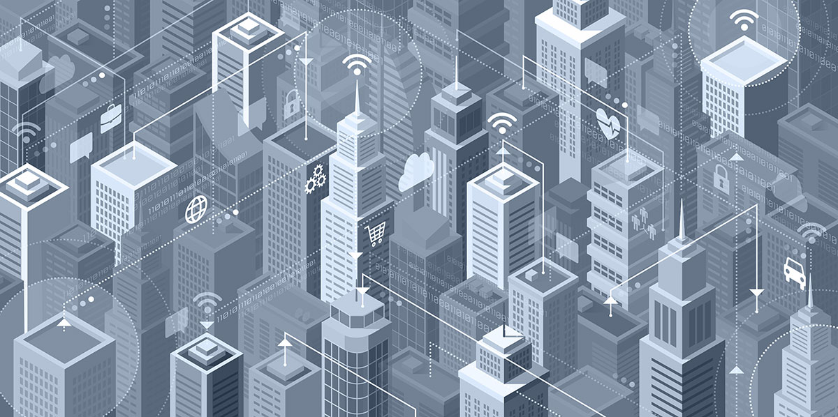 Smart city graphic across buildings